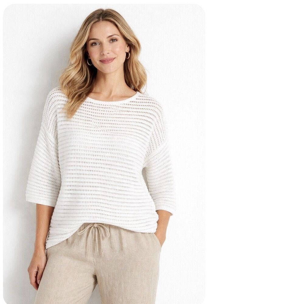 J. Jill Open Knit  White Cotton Pullover Sweater Half Sleeve Size S Petite Beach
